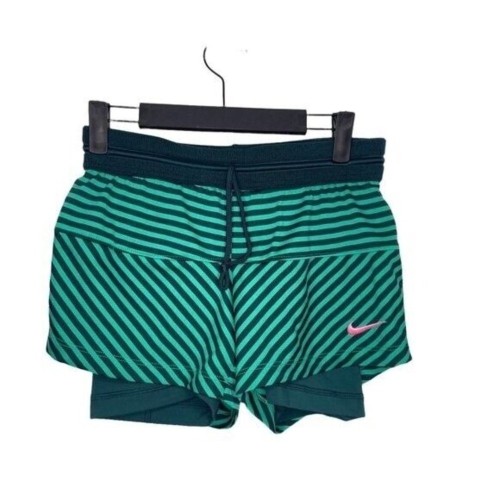 Nike Dri-FIT Green Striped 2-in-1 Running Shorts Pink Swoosh Womens Small